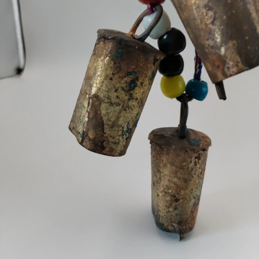 VTG Indian Tin Cow Bells Boho Hanging Cluster 3 Brass Finish Glass Beads Rope